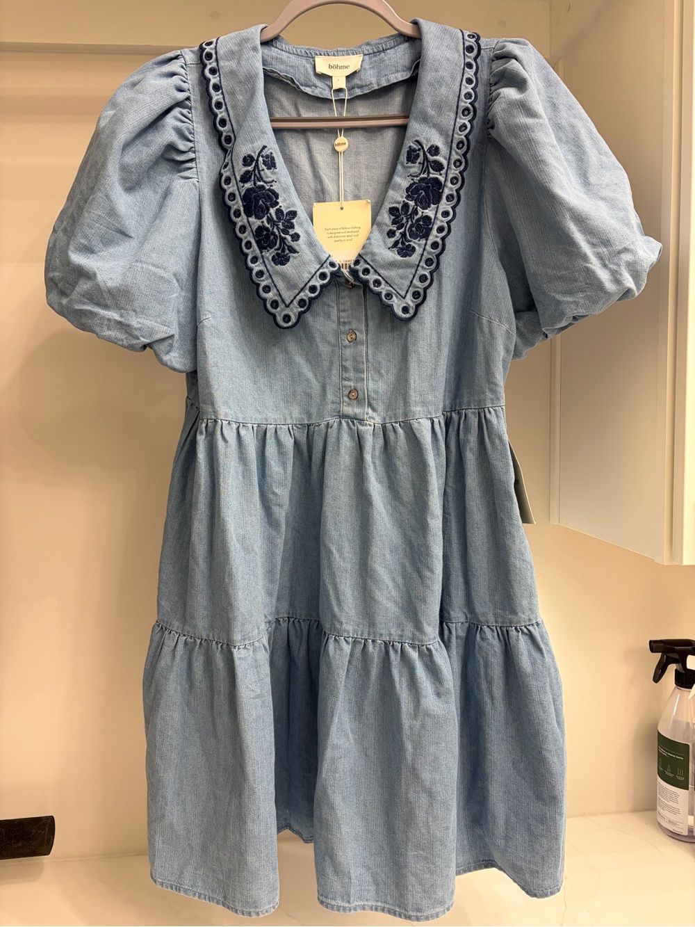 Bohme Light Denim Tiered Mini Dress with Navy Embroidered Collar